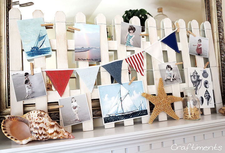 beach fence summer mantel, home decor, DIY beach fence photo display can you guess what I made it out of It ended up costing a small fraction of the PB inspiration