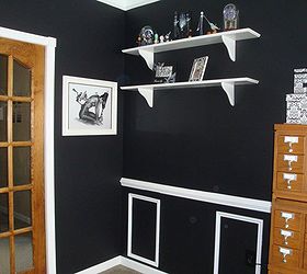 dining room turned black and white craft room, craft rooms, home decor, New molding and shelving in the craft room
