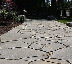 pavers with boulders and slate integrated by ross nw watergardens portland, concrete masonry, curb appeal, landscape, outdoor living, patio, Ants eye view of paver walkway By Ross NW Watergardens in Portland OR