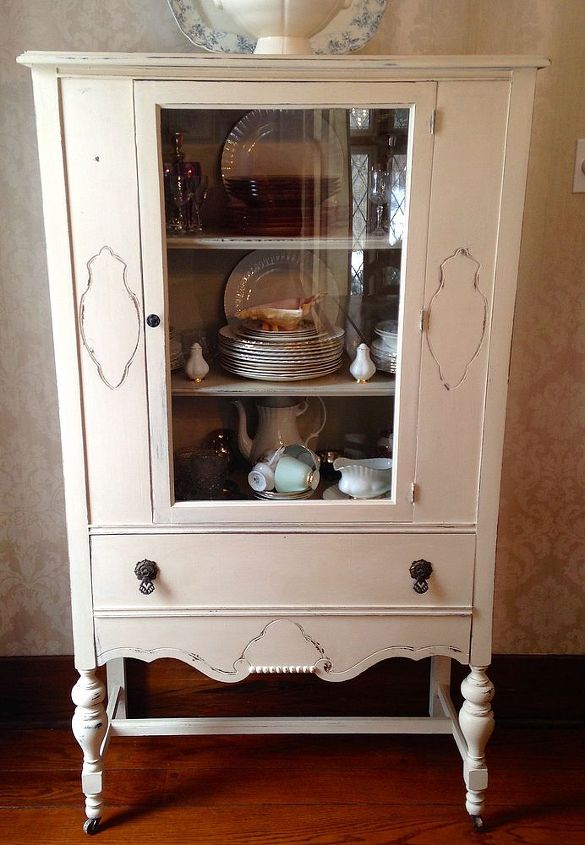 1930 s china cabinet gets a new lease on life, dining room ideas, home decor, painted furniture, Sadly the fretwork on the glass didn t make it through the paint process It was just too brittle and thin and no amount of sanding filling or gluing would save it
