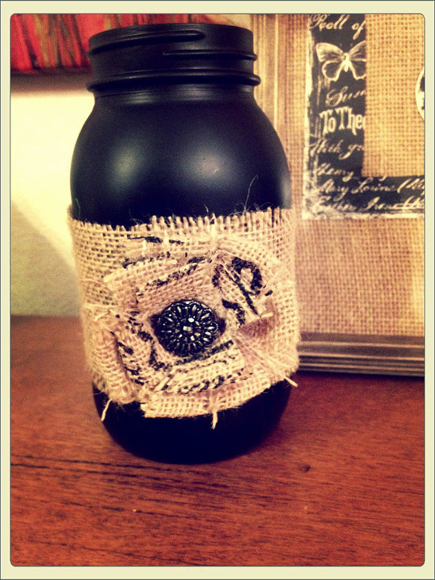 burlap and vintage buttons, chalkboard paint, crafts, repurposing upcycling, This is a Kerr jar sprayed with chalkboard paint and layered with burlap a burlap flower and vintage button