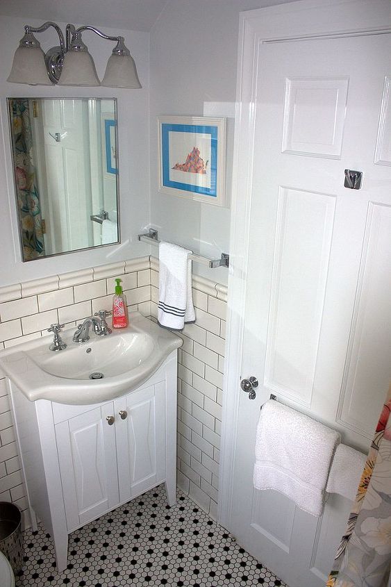 1950 s guest bath goes from a 1980 s renovation to a 2013 one, bathroom ideas, home decor, A small vanity replaced an old wall mounted sink It s great to have storage in this room