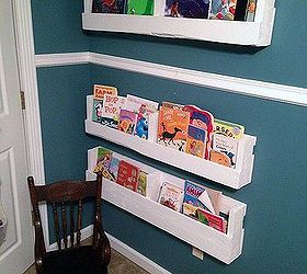 diy pallet bookshelves, The 3 shelves were hung mostly behind the door so as to utilize the space and keep the books in a usable space but a little out of the way