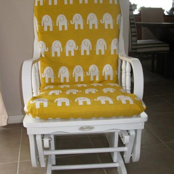 nursery rocker glider gets a makeover, painted furniture, After yellow with white elephant motif