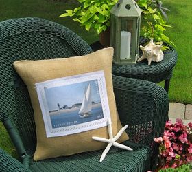 summery burlap and canvas sailboat pillow, crafts, It looks right at home on my patio don t you think
