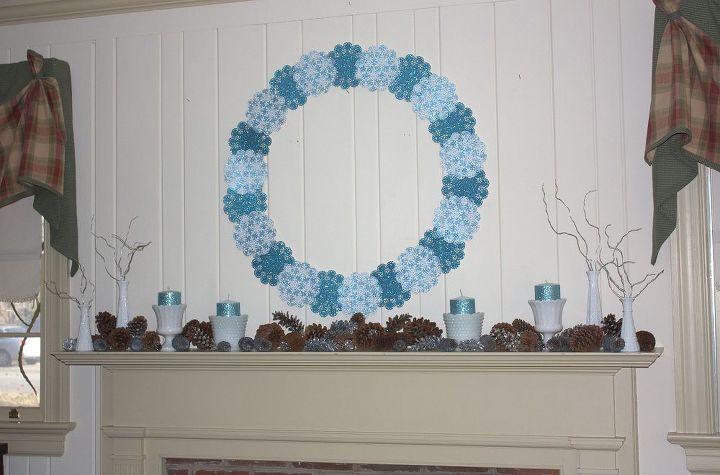 january mantel ice blue white and silver with glitter, seasonal holiday d cor, wreaths, I made the snowflake wreath last winter It s huge and sparkly