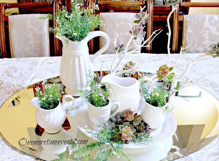 spring table centerpiece thinkspring, home decor, seasonal holiday decor, I love the look of the white and greens to set off a Spring Centerpiece all on a oval mirror