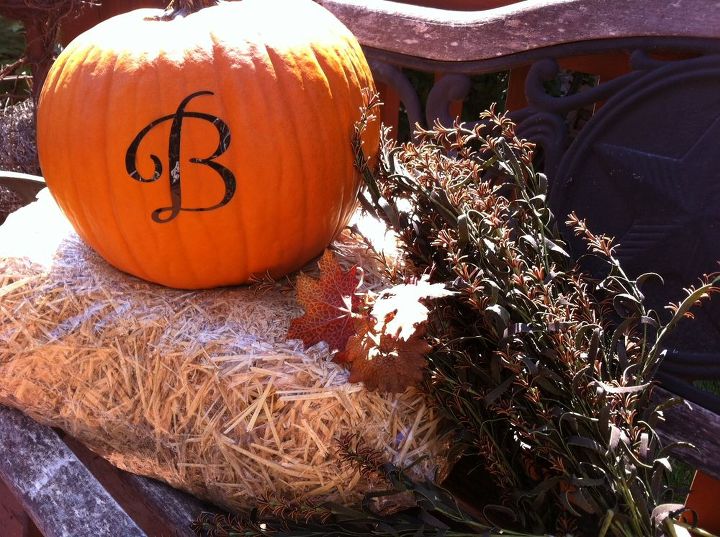 fall outdoor decorating, curb appeal, seasonal holiday decor, wreaths, My inital B monogrammed on a real pumpkin