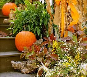 organic fall porch in the country, outdoor living, seasonal holiday decor, driftwood branches and wildflowers