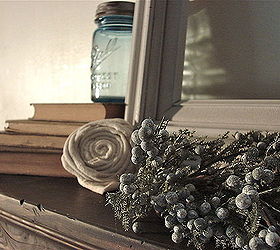 my summer 2012 mantel, seasonal holiday d cor, wreaths, Vintage canning jars time worn books and a gatherings of juniper make up this side of the mantel