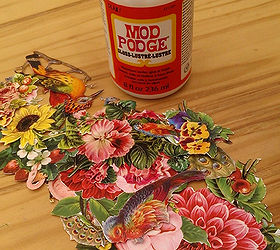 table top transformation napkin decoupage diy tutorial, use some old fashioned glossy decoupage images to patch over any blemishes