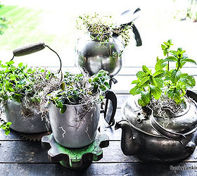 how to grow your garden with junk, flowers, gardening, outdoor living, repurposing upcycling, Plant your own herb garden in old kettles I did