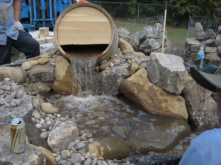 wine barrel patio pondless waterfall, ponds water features, Looks cool