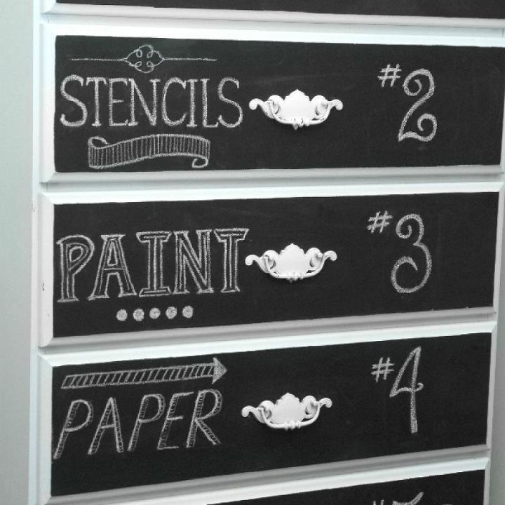chalkboard art dresser a craft supply storage solution, chalkboard paint, painted furniture, Label each drawer for a different craft supply