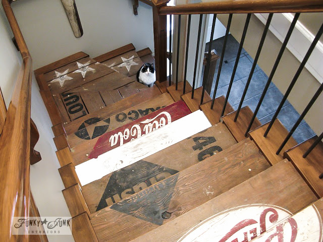 decorating from nothing to something a junker s full home tour, home decor, outdoor living, repurposing upcycling, Not being able to afford to carpet my stairs I painted them up instead creating stencils out of decals with my signmaking equipment