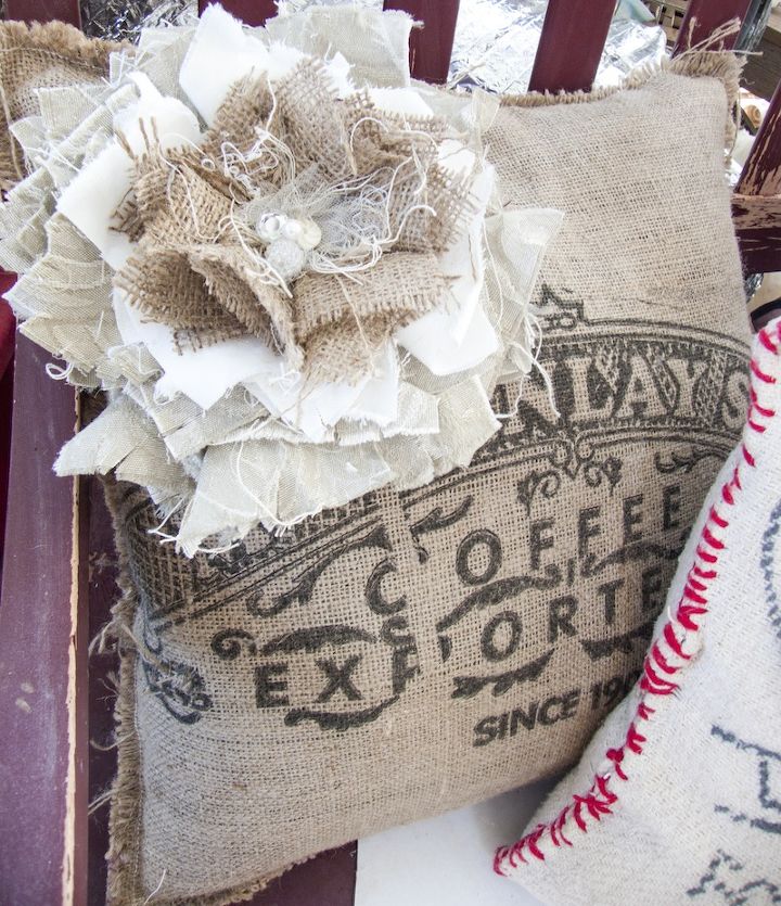 diy shabby flowers, crafts, Here a coffee bean bag pillow has a darling accessory from a shabby flower