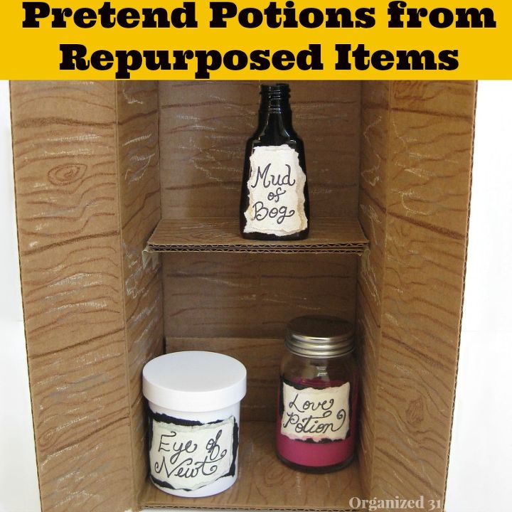 pretend magic potions from repurposed items, crafts, repurposing upcycling, A fun craft to make with your child You can do make these potions and cabinet with children ages 3 up to tween