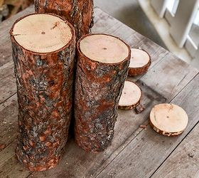 from firewood to christmas log candle centrepiece, christmas decorations, repurposing upcycling, seasonal holiday decor, 3 bark covered firewood chunks were cut down to 3 different heights Tip leave the tops slanted for a little extra funky touch