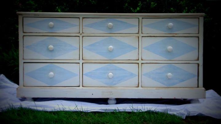 adding details to a painted dresser, painted furniture, Each diamond had to line up and look symmetrical horizontally and vertically on the dresser