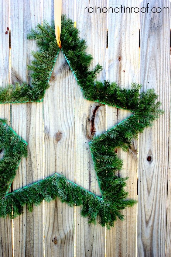 paint stick evergreen wreaths, crafts, seasonal holiday decor, The star wreath is large but could easily be sized down by cutting the paints sticks I plan on propping mine on my porch so its large size works perfect for me
