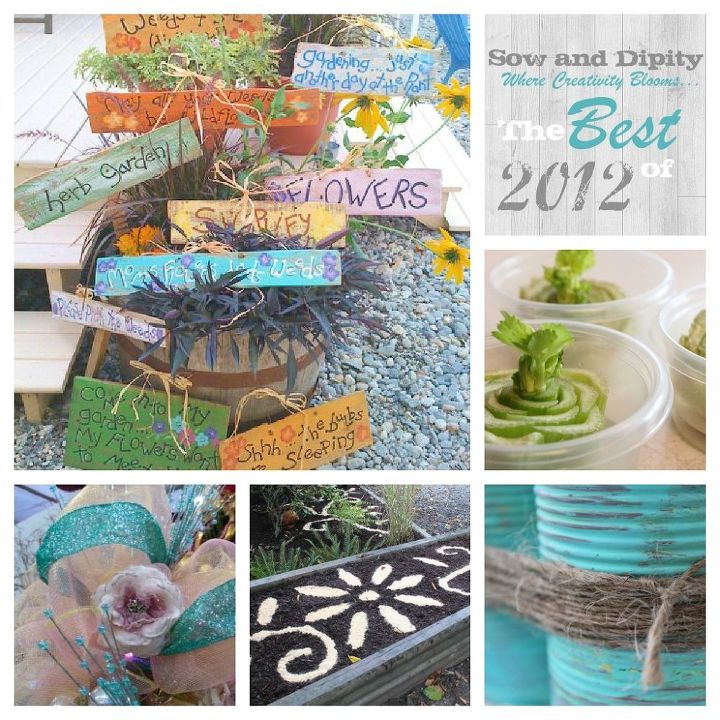 sow and dipity s best of 2012, crafts, outdoor living, Clockwise from the top left DIY Garden Signs From Grocery store to Garden Bed Soup Can Caddy Decorative Bark Mulch and How to make a Sinamay Bow