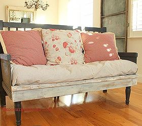 the best diy s upcycled furniture projects and tutorials by redoux, painted furniture, repurposing upcycling, Bench Made Entirely of Junque Make a new bench from all found parts A headboard old garage door panel split in half for the arms found legs and upcycled wood for the frame
