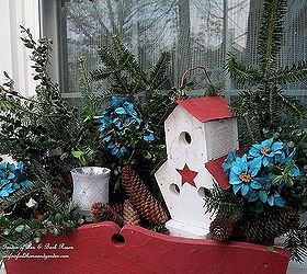 winter holiday decorating, flowers, gardening, hydrangea, outdoor living, seasonal holiday decor, kitchen winter window box fresh greens a birdhouse a candle and a touch of blue