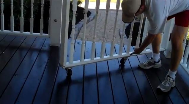 make a rolling gate for your porch, curb appeal, diy, how to, porches, Attaching casters to the bottom of a section of rail creates a rolling gate