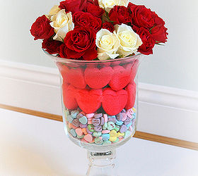 valentine s day centerpiece, seasonal holiday d cor, valentines day ideas, What you need a small glass and a large glass hurricane red and white roses red heart peeps and sweetheart candy