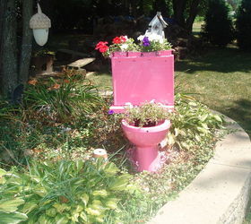 old toilet in to a flower holder, container gardening, flowers, gardening, repurposing upcycling, Will have to get bigger flowery flowers for the bowl But looks great in the back yard