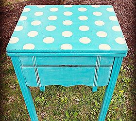 ugly sewing cabinet turned polka dot beauty, painted furniture, Sewing table transformation in Chalk Paint by Annie Sloan in Provence and Cream The top is a stencil by Cutting Edge Stencils