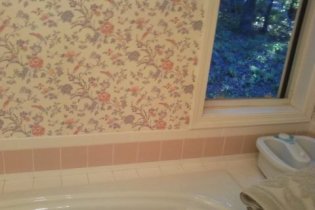 master bath wallpaper and tub install with tile, Tile against the wall