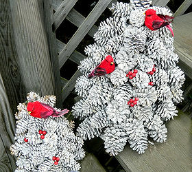 winter pine cone trees with berries and birds, crafts, Winter Pine Cone Trees flocked with snow