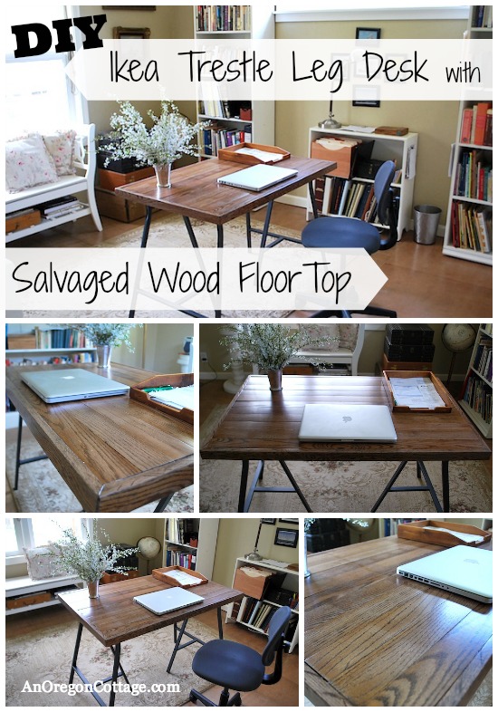 how to make an salvaged industrial style desk, diy, how to, painted furniture, repurposing upcycling, rustic furniture, woodworking projects, Ikea Trestle Legs Reclaimed Oak Flooring Cool Desk