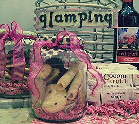 gift basket for the glamper camper, crafts, outdoor living, Some of the goodies included recycled pickle jars full of crackers and cookies bottle of Red Truck wine gourmet cheese