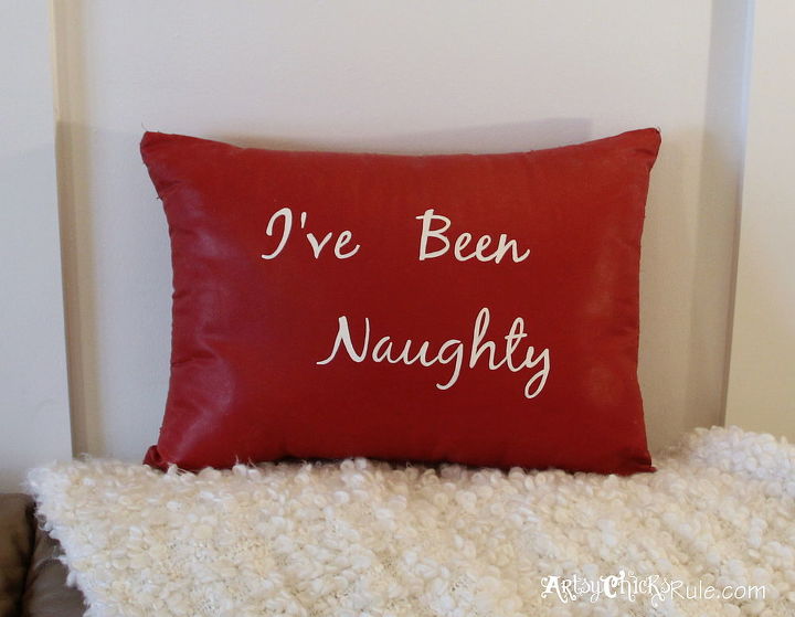 holiday pillow 2 makeover w chalk paint, chalk paint, crafts, painting, seasonal holiday decor, The other side says I ve Been Nice Old thrift store pillow makeover with Chalk Paint and some fun graphics