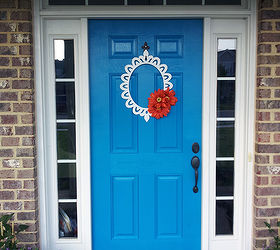 i love color and nothing says fun like a bright blue front door, doors, flowers, Blue Mosque front door with Orange Daisy Wreath