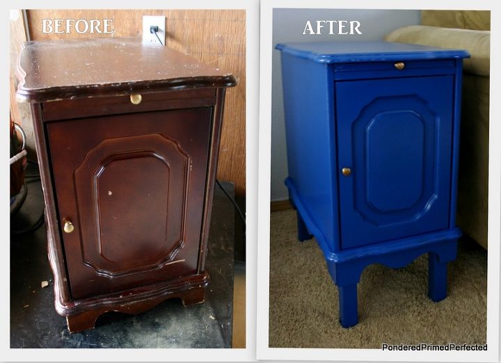 end table makeover for living room, painted furniture, Before and After photos of roadside find end table From boring and beat up to bold and beautiful blue