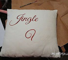 jingle y all thrifty pillow makeover w chalk paint, chalk paint, crafts, painting, seasonal holiday decor, Hand painting in the lines the lettering onto the pillow