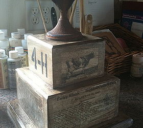 thrift shop golf trophy repurposed at my workbench with vintage 4-H (1947) memorabilia