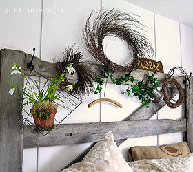 how to create your own headboard from junk, bedroom ideas, crafts, doors, home decor, repurposing upcycling, An old horse gate found on someone s burn pile is now my headboard with hooks changeable with every season Fun Visit post at