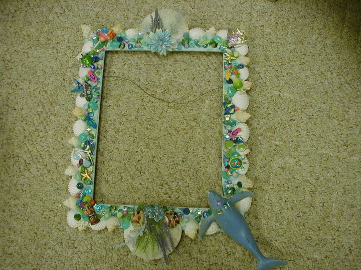 more of my mosaics, painted furniture, tiling, This is a beachcomber theme frame The inspiration for this was a rubber shark I bought at a St Vincent De Paul Thrift store