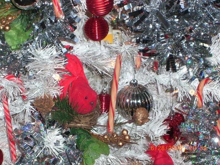 we did a red white and sliver christmas enjoy the color scheme throughout my home, christmas decorations, seasonal holiday decor, A close up shot of the trees