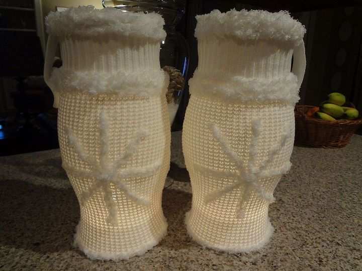 winter decor using a goodwill sweater and fluffy yarn, home decor, repurposing upcycling, seasonal holiday decor, I love that the sleeves had the buttom up tabs on each cuff Kind of looks like a handle when stretched over the hurricane globe
