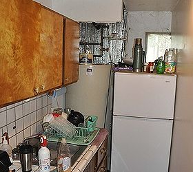 small kitchen makeover, home improvement, kitchen backsplash, kitchen design, Wall was right next to small fridge spliting the small window in two small sink no dishwasher no counter space ugly old tile in floor and on wall