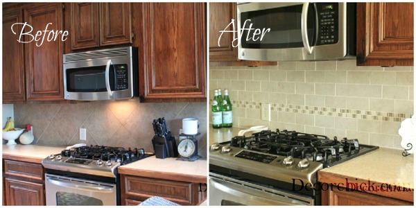 diy tiling project kitchen backsplash makeover, kitchen backsplash, kitchen design, tiling, Before and After side by side