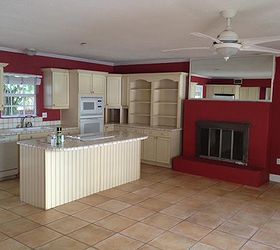 kitchen, concrete masonry, fireplaces mantels, home decor, Before red paint felt very congesting making the home feel older and dirty