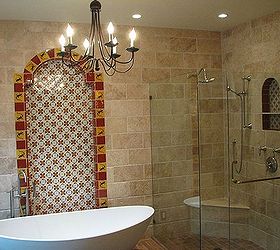 art deco master bath transforms into a spanish hacienda retreat, architecture, bathroom ideas, home decor, home improvement, We replace a leaking glass block shower with a frameless glass shower complete with a matching tiled wall niche and recessed pan