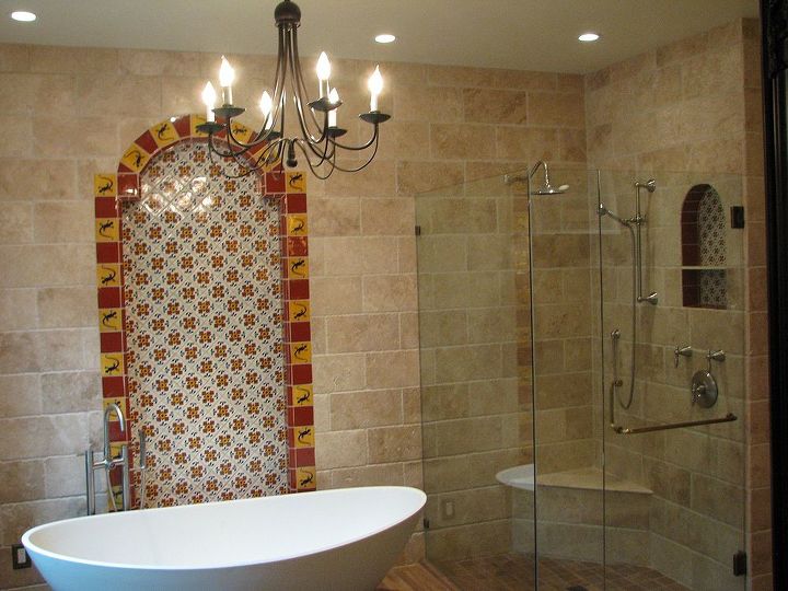 art deco master bath transforms into a spanish hacienda retreat, architecture, bathroom ideas, home decor, home improvement, We replace a leaking glass block shower with a frameless glass shower complete with a matching tiled wall niche and recessed pan