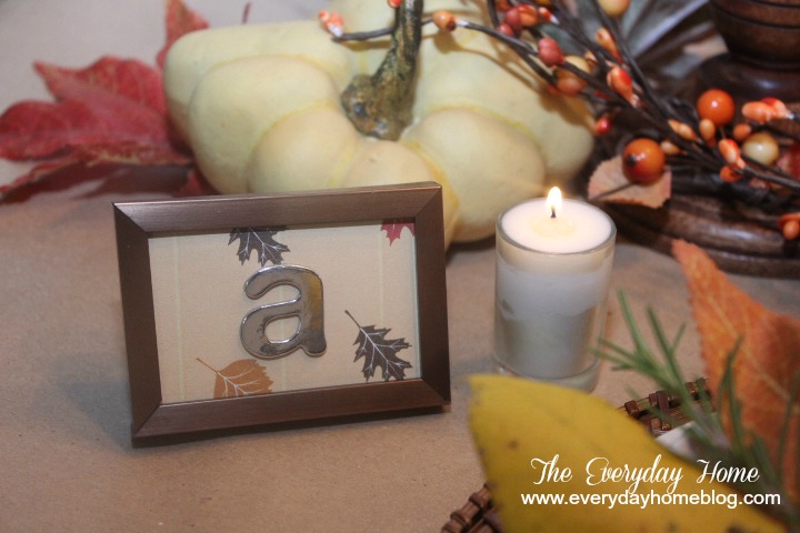 a thankful tablescape, christmas decorations, seasonal holiday d cor, thanksgiving decorations, Dollar Store frames and some decorative paper designed on picmonkey and some scrapbook letters allow each placesetting to have a personalized touch